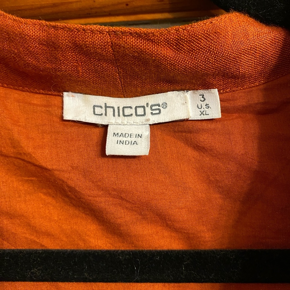 Chicos Appliqué Rust Orange & Black Lined Jacket Linen Blend Gorgeous XL Sz. 16 - Picture 7 of 10
